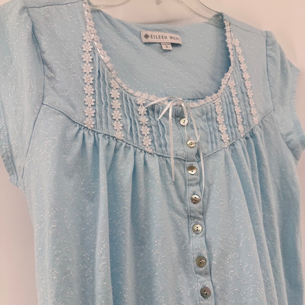 Eileen West Nightgown Womens Small Blue Floral Lace Trim Cotton Knit C5825080
